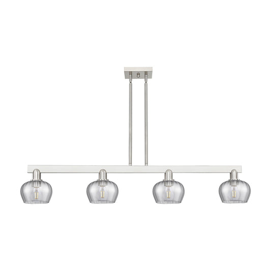 Innovations Fenton 49.25in 4-Light Island Light | Industrial Brushed Satin Nickel Steel and Light Smoke Ribbed Glass | Kitchen | Model 716-4I-SN-G93