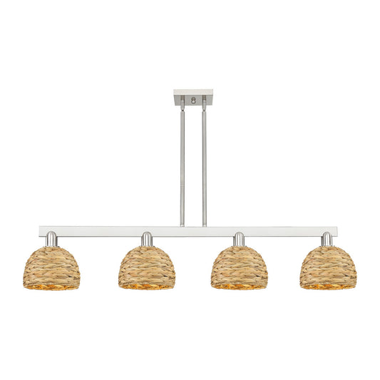 Innovations Woven Rattan 51in 4-Light Island Light | Industrial Brushed Satin Nickel and Natural Fiber Dome Shade | Kitchen | Model 716-4I-SN-RBD-8-NAT