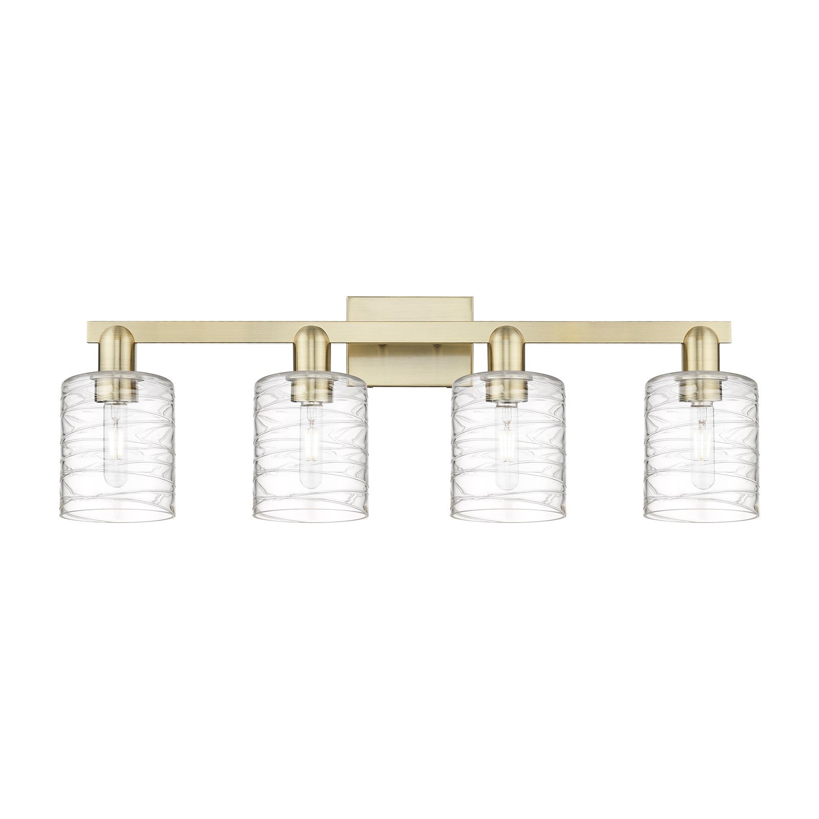 Innovations Cobbleskill 32in 4-Light Bath Vanity Light | Industrial Antique Brass Steel and Deco Swirl Clear Glass | Bathroom | Model 716-4W-AB-G1113