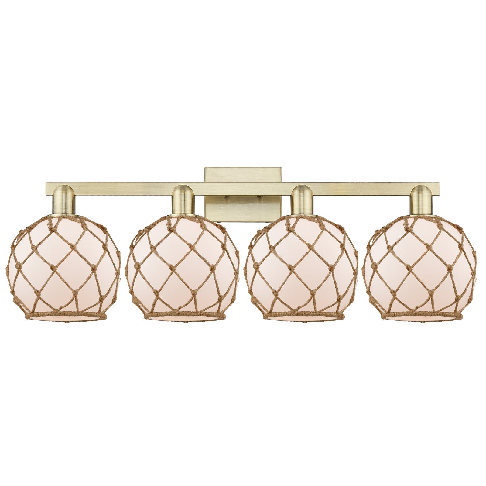 Innovations Farmhouse Rope 35in 4-Light Bath Vanity Light | Industrial Antique Brass Steel and White Frosted Glass with Brown | Model 716-4W-AB-G121-8RB