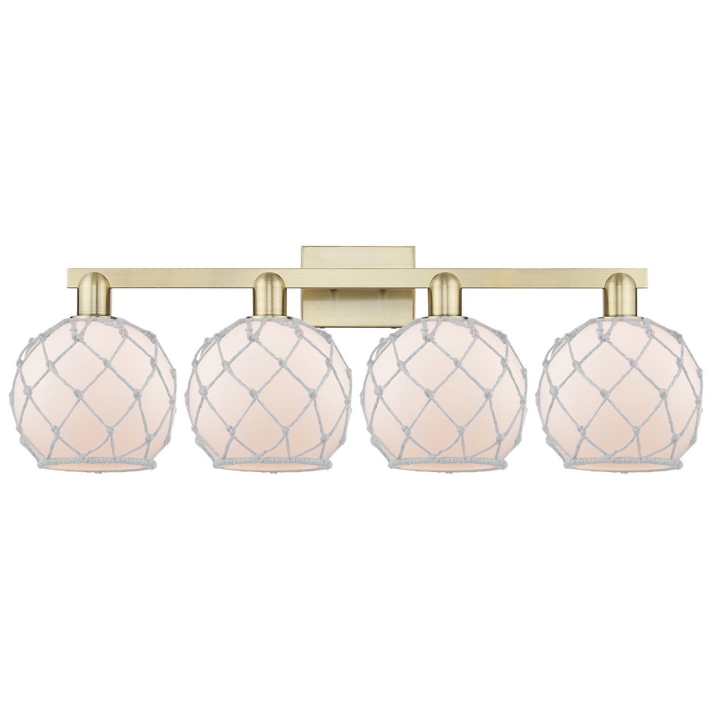 Innovations Farmhouse Rope 35in 4-Light Bath Vanity Light | Industrial Antique Brass and White Frosted Glass Rope Shade | Model 716-4W-AB-G121-8RW