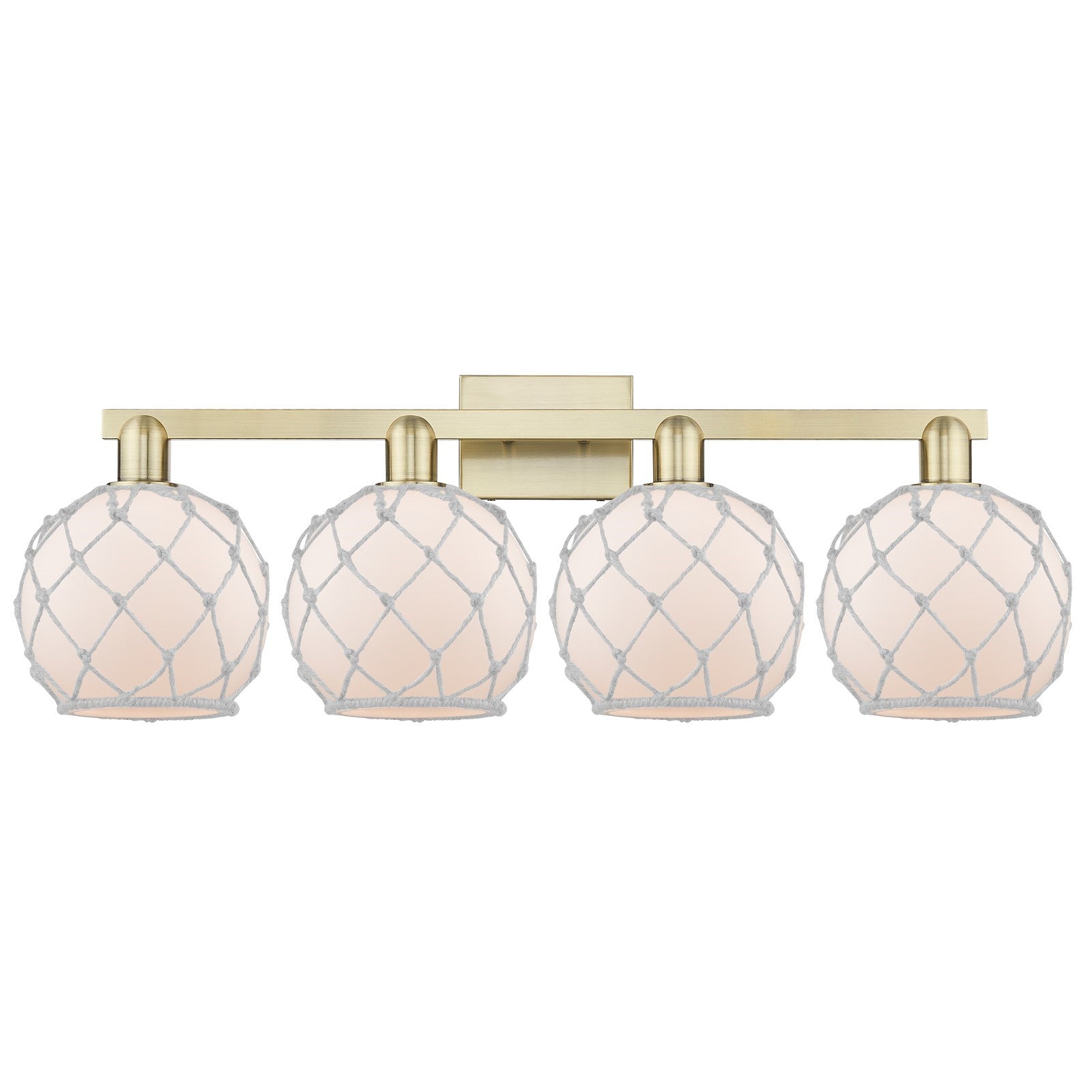Innovations Farmhouse Rope 35in 4-Light Bath Vanity Light | Industrial Antique Brass and White Frosted Glass Rope Shade | Model 716-4W-AB-G121-8RW