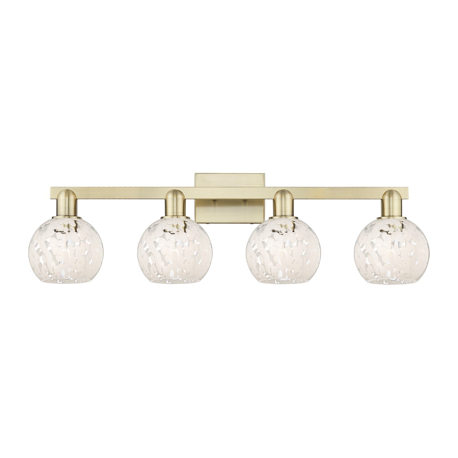 Innovations White Mouchette 33in 4-Light Bath Vanity Light | Industrial Antique Brass and White Mouchette Glass | Bathroom | Model 716-4W-AB-G1216-6WM
