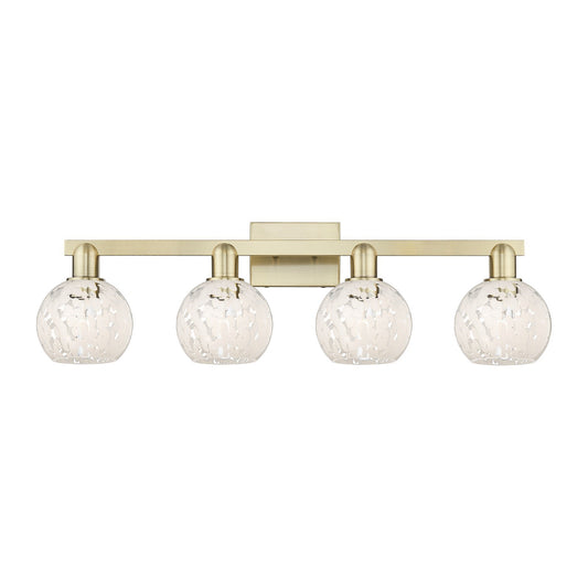 Innovations White Mouchette 33in 4-Light Bath Vanity Light | Industrial Antique Brass and White Mouchette Glass | Bathroom | Model 716-4W-AB-G1216-6WM