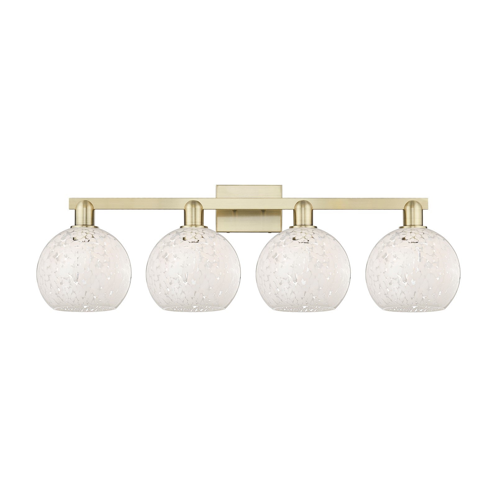 Innovations White Mouchette 35in 4-Light Bath Vanity Light | Industrial Antique Brass Steel and White Mouchette Glass | Model 716-4W-AB-G1216-8WM