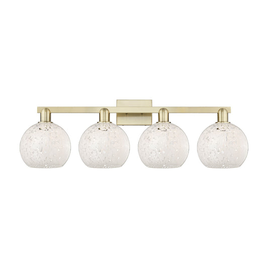 Innovations White Mouchette 35in 4-Light Bath Vanity Light | Industrial Antique Brass Steel and White Mouchette Glass | Model 716-4W-AB-G1216-8WM