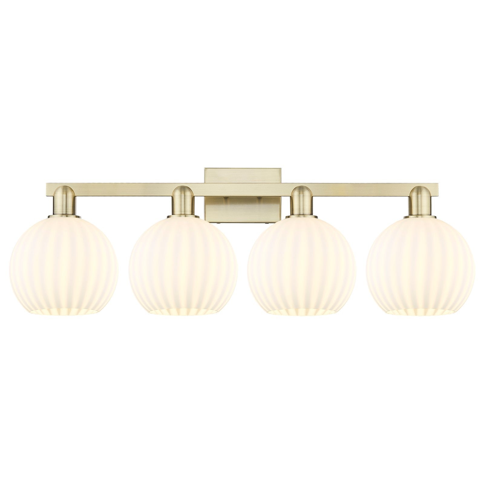 Innovations Lighting White Venetian 35in 4-Light Bath Vanity Light | Industrial Antique Brass Steel and White Venetian Glass | Model 716-4W-AB-G1217-8WV