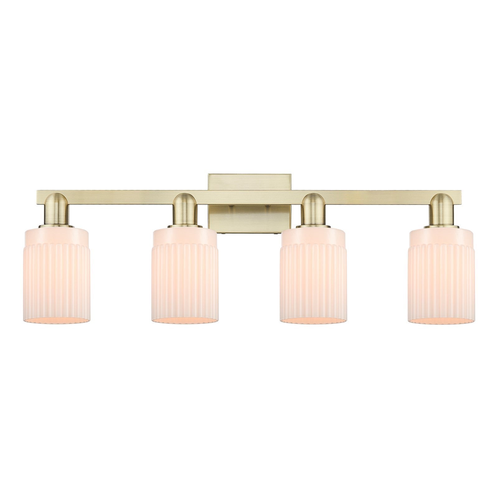 Innovations Hadley 32in 4-Light Bath Vanity Light | Industrial Antique Brass and Matte White Ribbed Glass | Bathroom Vanity | Model 716-4W-AB-G341