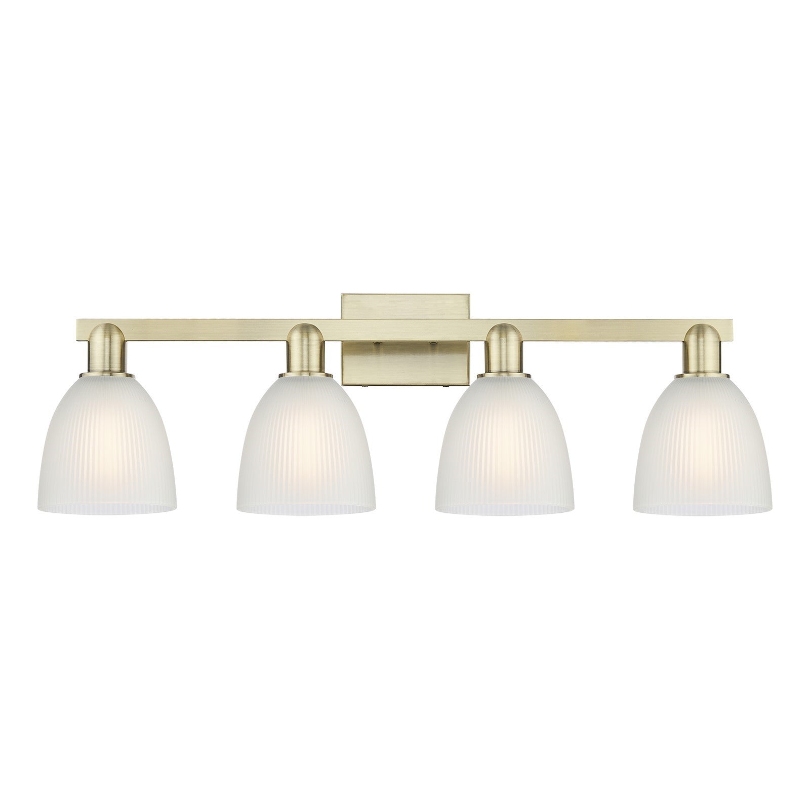 Innovations Castile 33in 4-Light Bath Vanity Light | Industrial Antique Brass Steel and White Glass | Bathroom Vanity | Model 716-4W-AB-G381