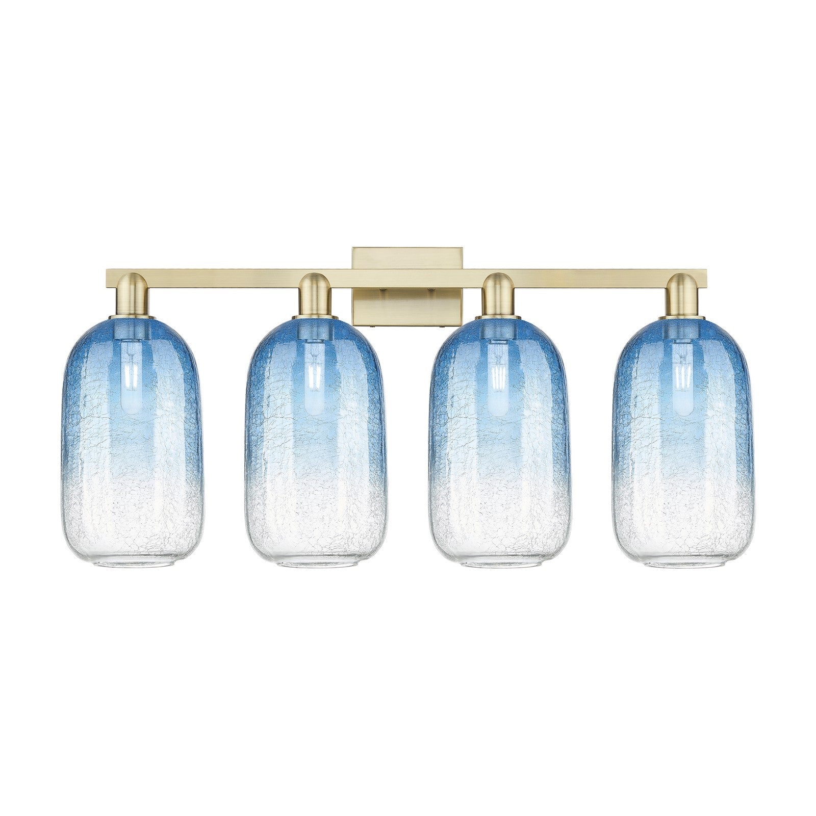 Innovations Brookhaven Cloche 34in 4-Light Bath Vanity Light | Industrial Antique Brass Steel and Sapphire Blue Glass | Model 716-4W-AB-G482-7SB