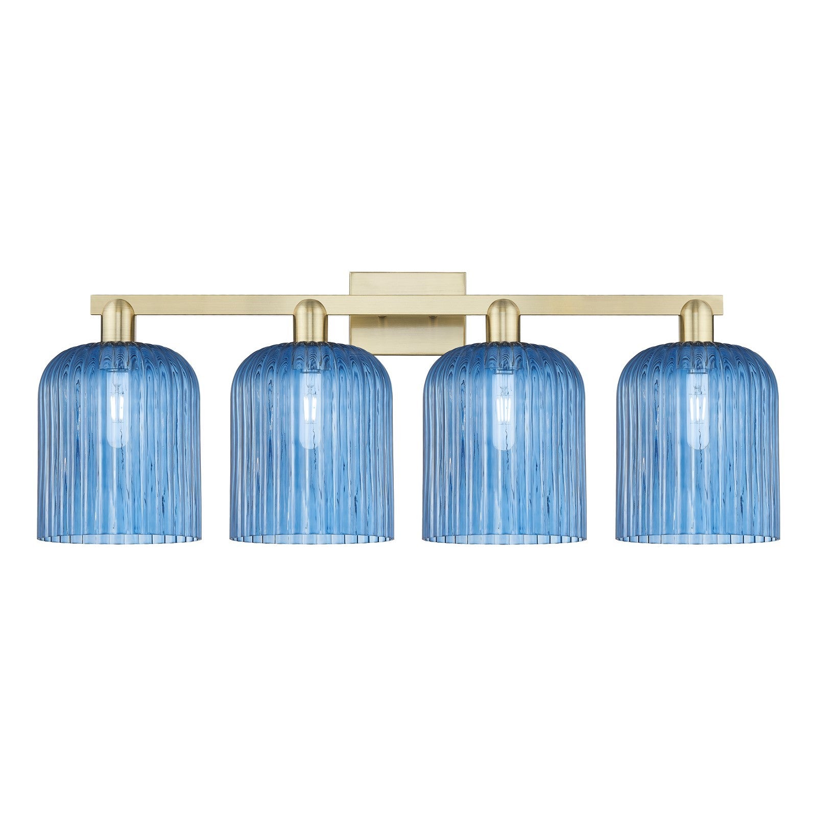Innovations Bridal Veil 35in 4-Light Bath Vanity | Industrial Antique Brass and Princess Blue Ribbed Glass | Bathroom Vanity | Model 716-4W-AB-G559-8BL