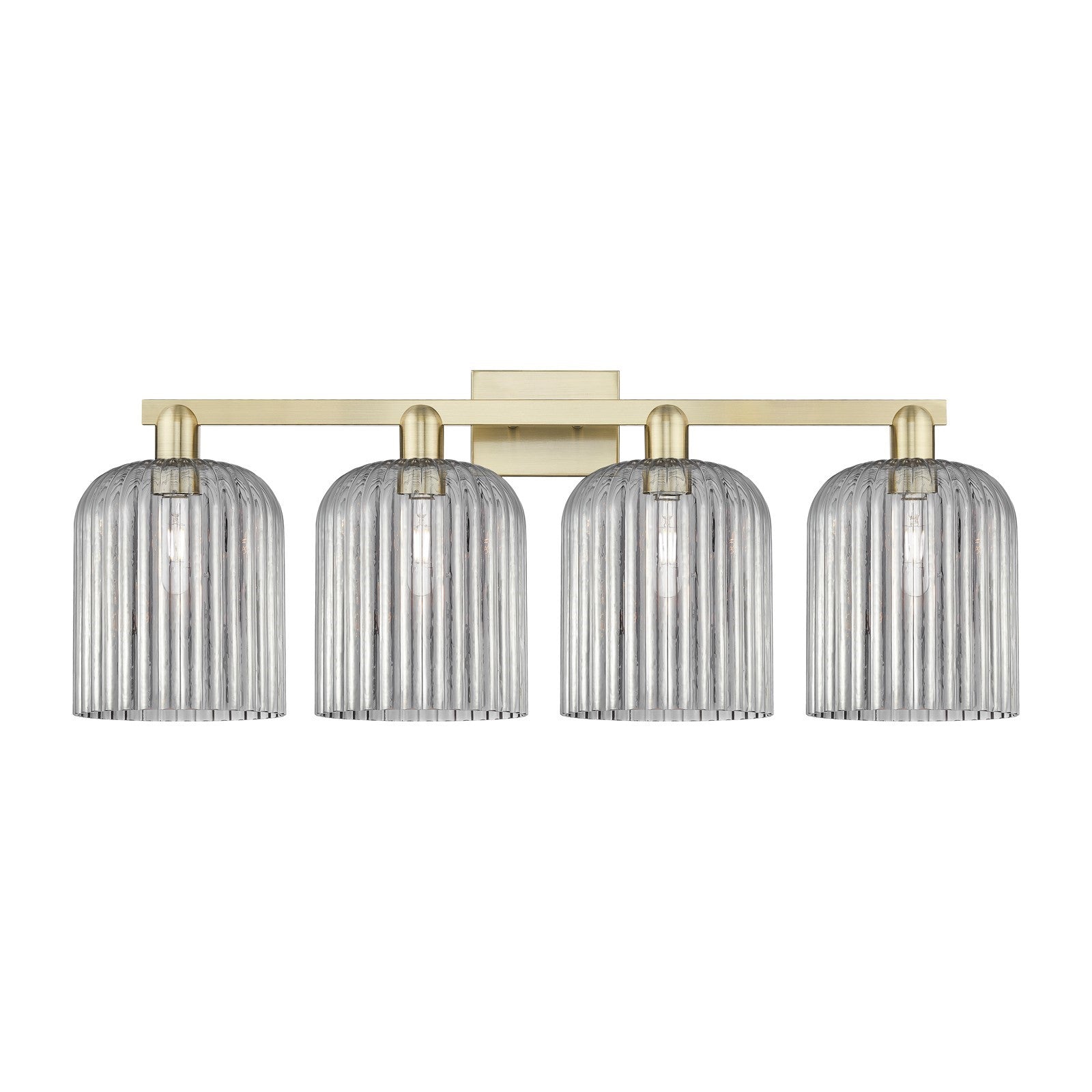 Innovations Bridal Veil 35in 4-Light Bath Vanity | Industrial Antique Brass Steel and Light Smoke Ribbed Glass | Bathroom | Model 716-4W-AB-G559-8SM