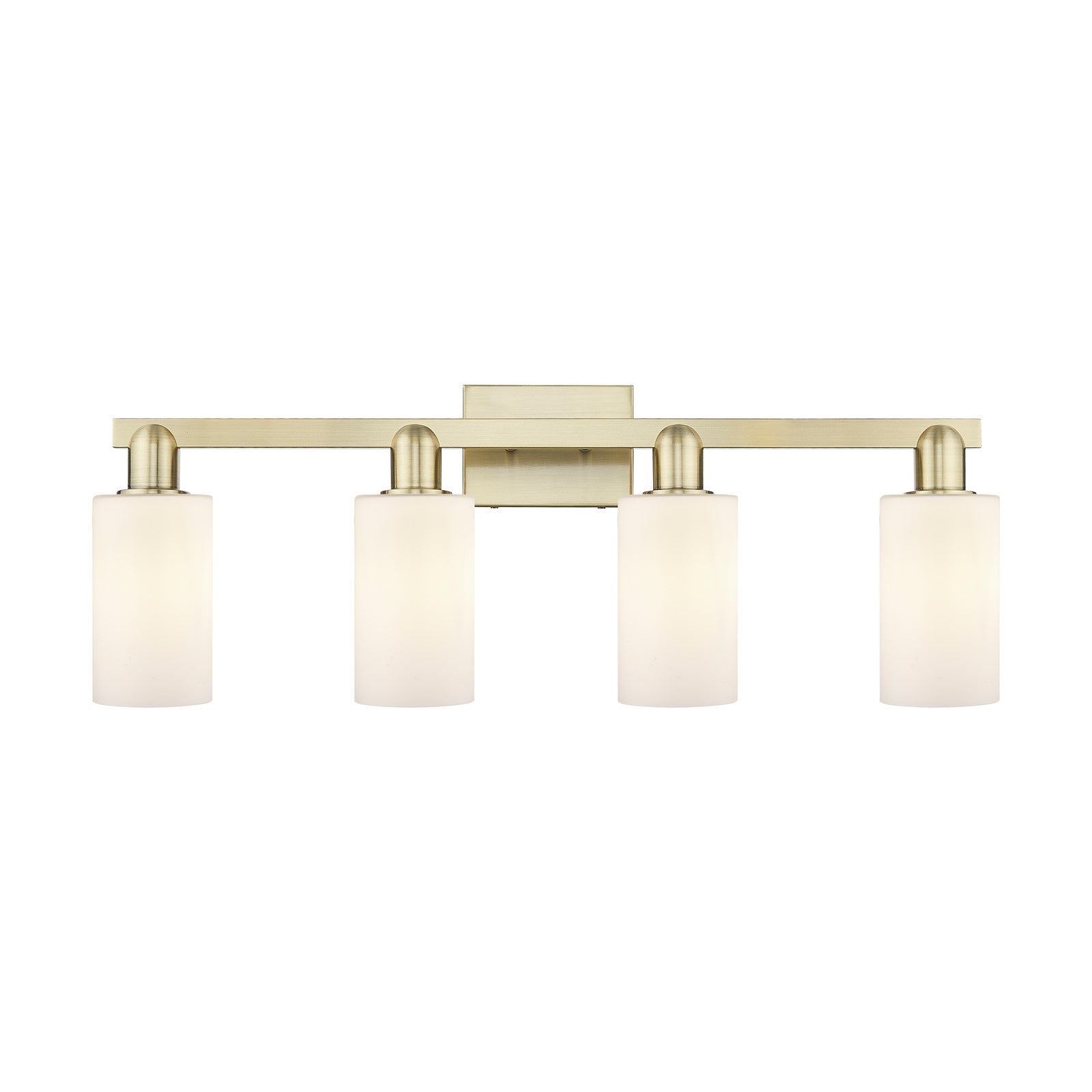 Innovations Clymer 31in 4-Light Bath Vanity Light | Industrial Antique Brass and Matte White Glass | Bathroom Vanity | Model 716-4W-AB-G801