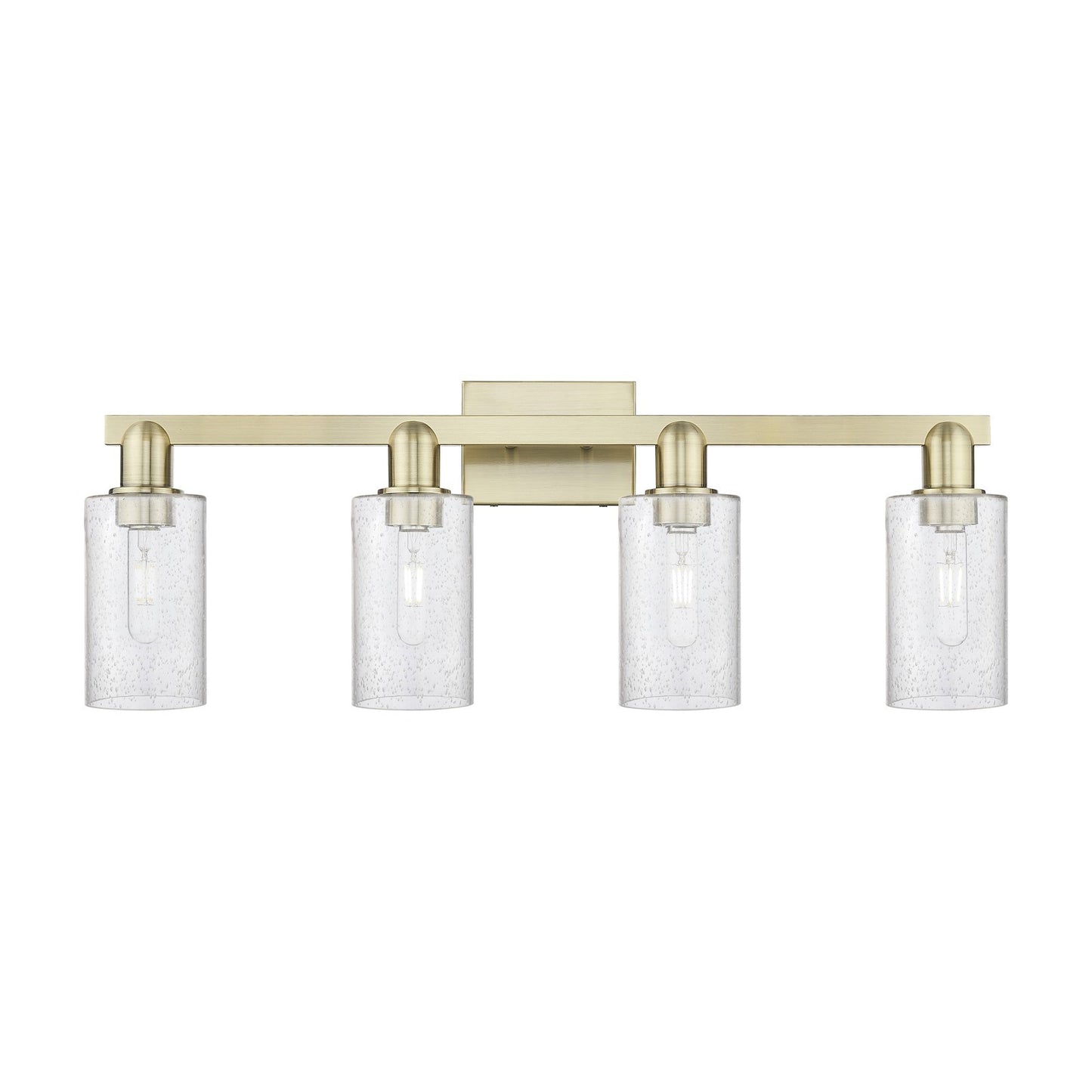 Innovations Clymer 31in 4-Light Bath Vanity Light | Industrial Antique Brass Steel and Seedy Glass | Bathroom Vanity | Model 716-4W-AB-G804
