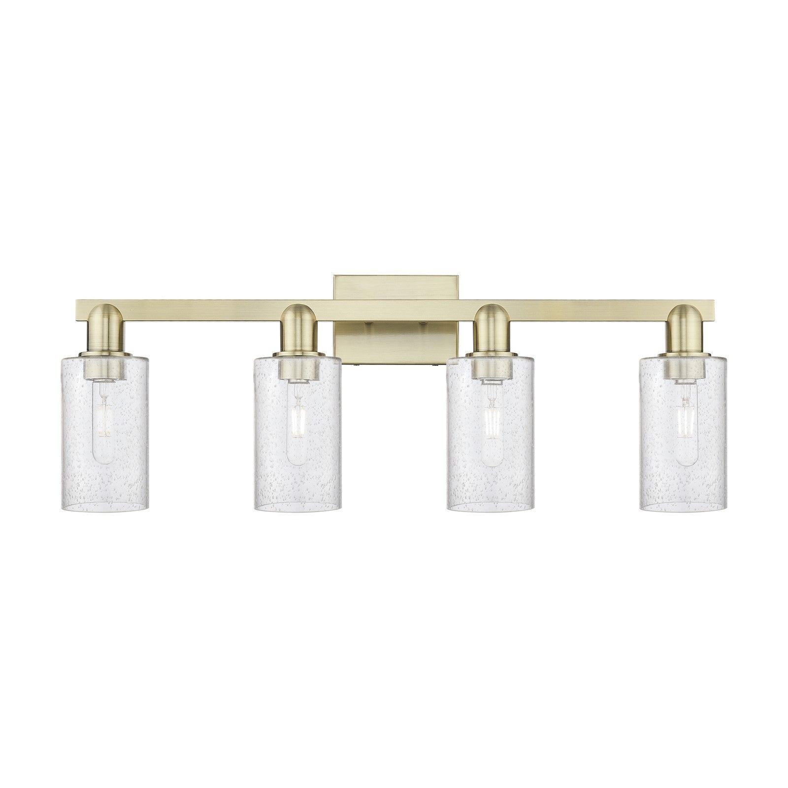 Innovations Clymer 31in 4-Light Bath Vanity Light | Industrial Antique Brass Steel and Seedy Glass | Bathroom Vanity | Model 716-4W-AB-G804