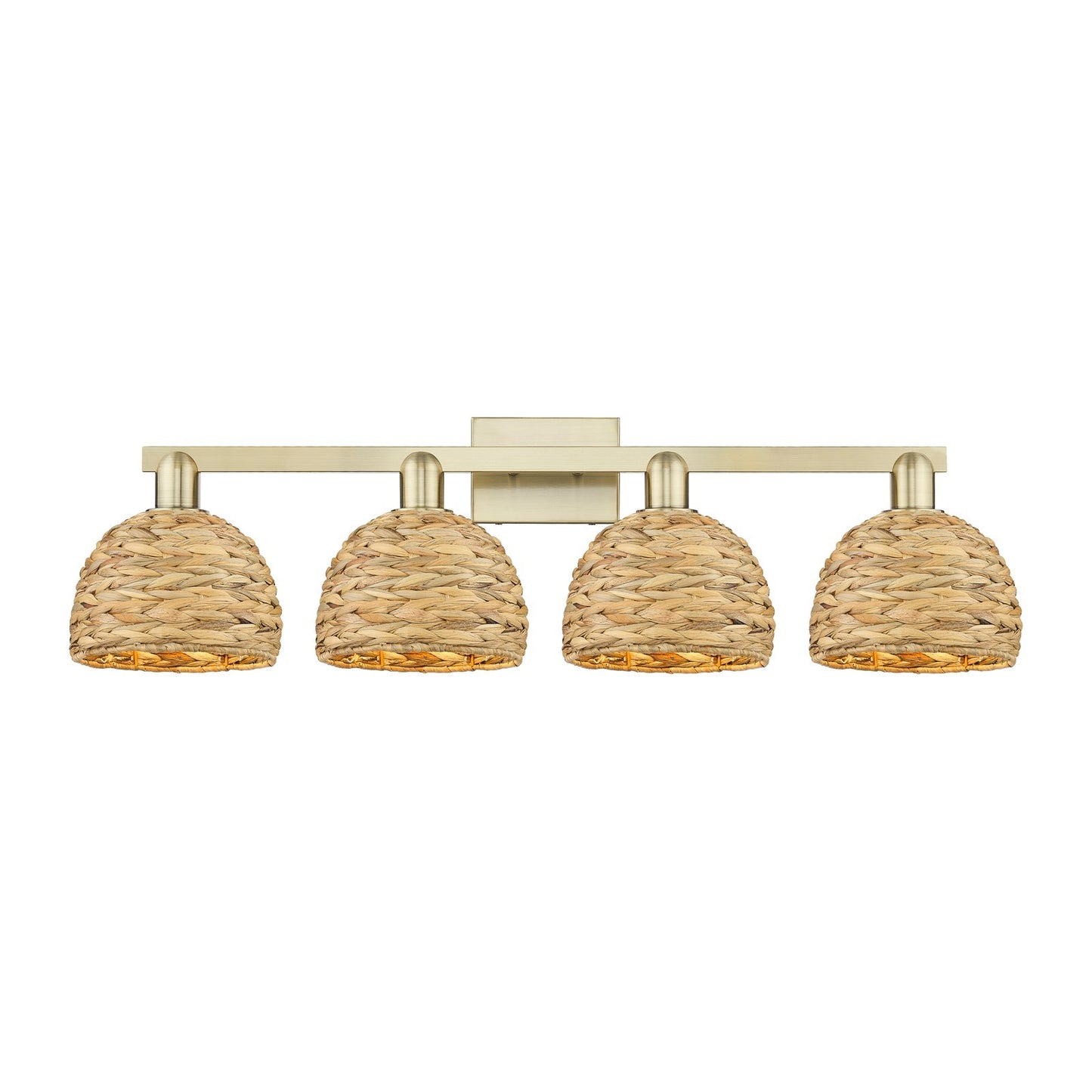 Innovations Woven Rattan 35in 4-Light Bath Vanity Light | Industrial Antique Brass and Natural Fiber Shade | Bathroom Vanity | Model 716-4W-AB-RBD-8-NAT