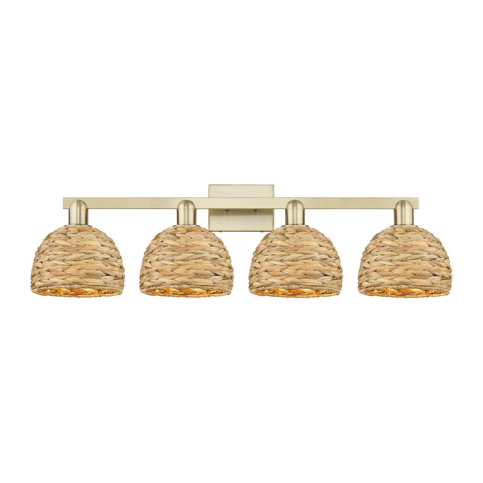 Innovations Woven Rattan 35in 4-Light Bath Vanity Light | Industrial Antique Brass and Natural Fiber Shade | Bathroom Vanity | Model 716-4W-AB-RBD-8-NAT