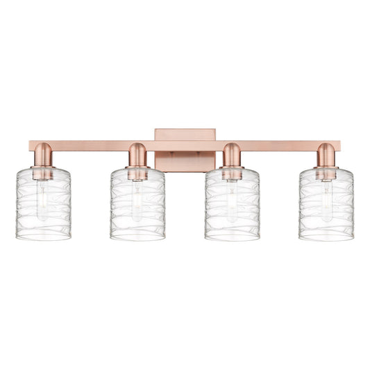 Innovations Cobbleskill 32in 4-Light Bath Vanity | Industrial Antique Copper Steel and Deco Swirl Glass | Bathroom Vanity | Model 716-4W-AC-G1113