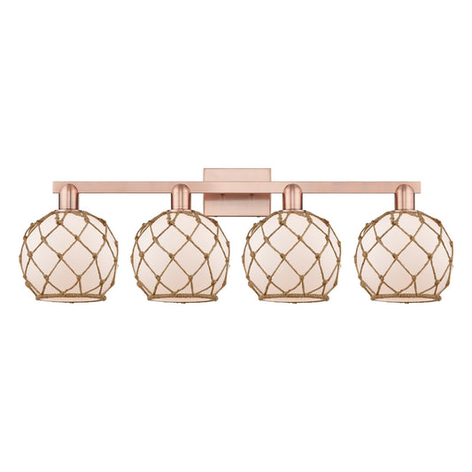 Innovations Farmhouse Rope 35in 4-Light Bath Vanity | Industrial Antique Copper and White Glass with Brown Rope | Bathroom | Model 716-4W-AC-G121-8RB