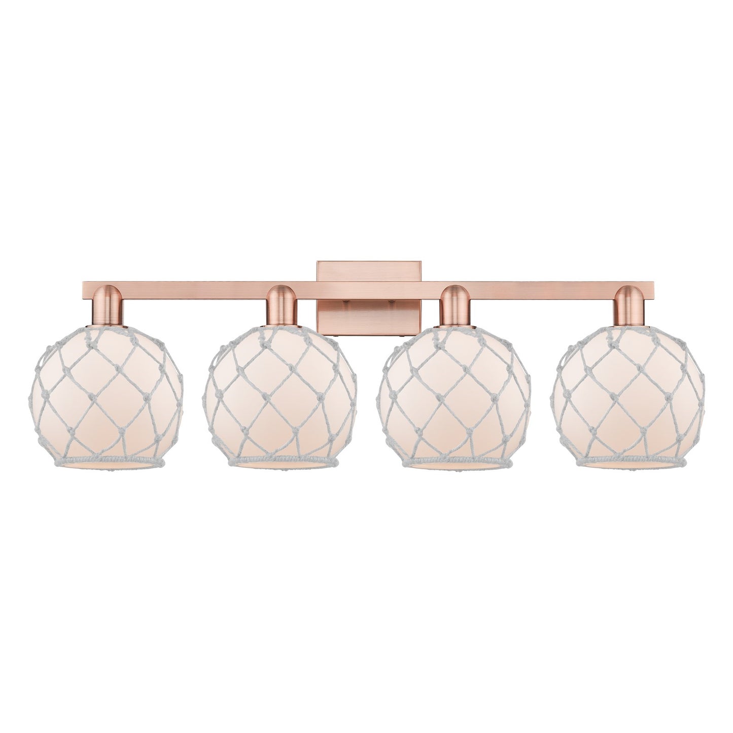 Innovations Farmhouse Rope 35in 4-Light Bath Vanity | Industrial Antique Copper Steel and White Frosted Glass with Rope | Model 716-4W-AC-G121-8RW