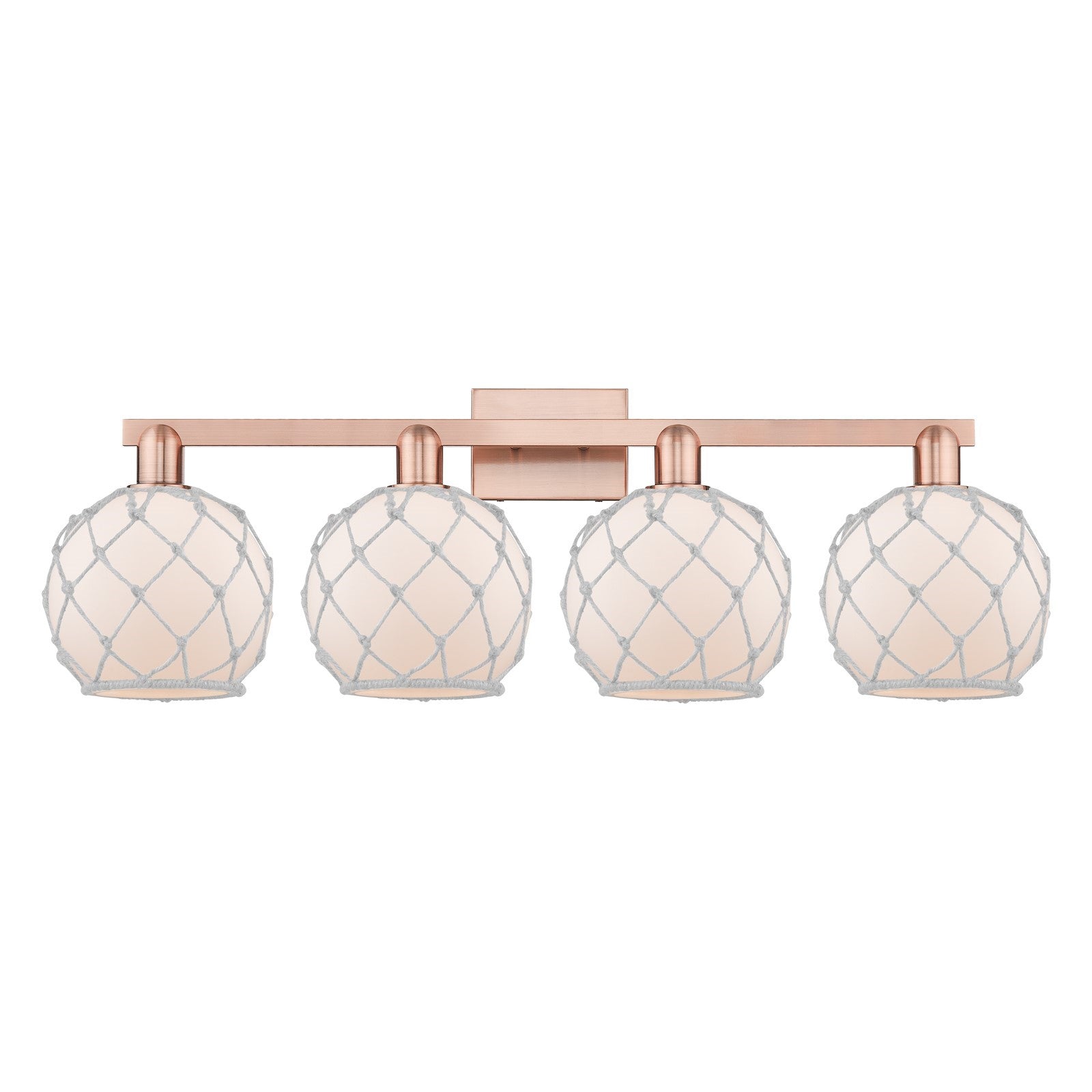 Innovations Farmhouse Rope 35in 4-Light Bath Vanity | Industrial Antique Copper Steel and White Frosted Glass with Rope | Model 716-4W-AC-G121-8RW