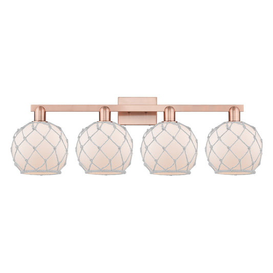 Innovations Farmhouse Rope 35in 4-Light Bath Vanity | Industrial Antique Copper Steel and White Frosted Glass with Rope | Model 716-4W-AC-G121-8RW