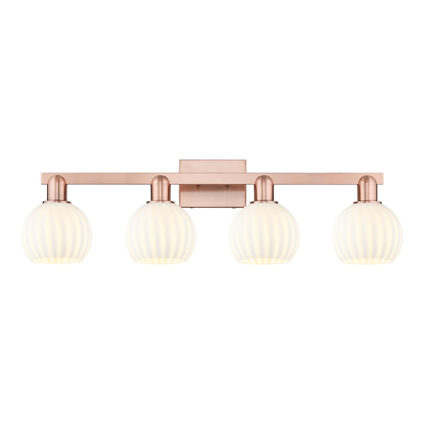 Innovations White Venetian 33in 4-Light Bath Vanity Light | Industrial Antique Copper Steel and White Venetian Glass | Damp | Model 716-4W-AC-G1217-6WV