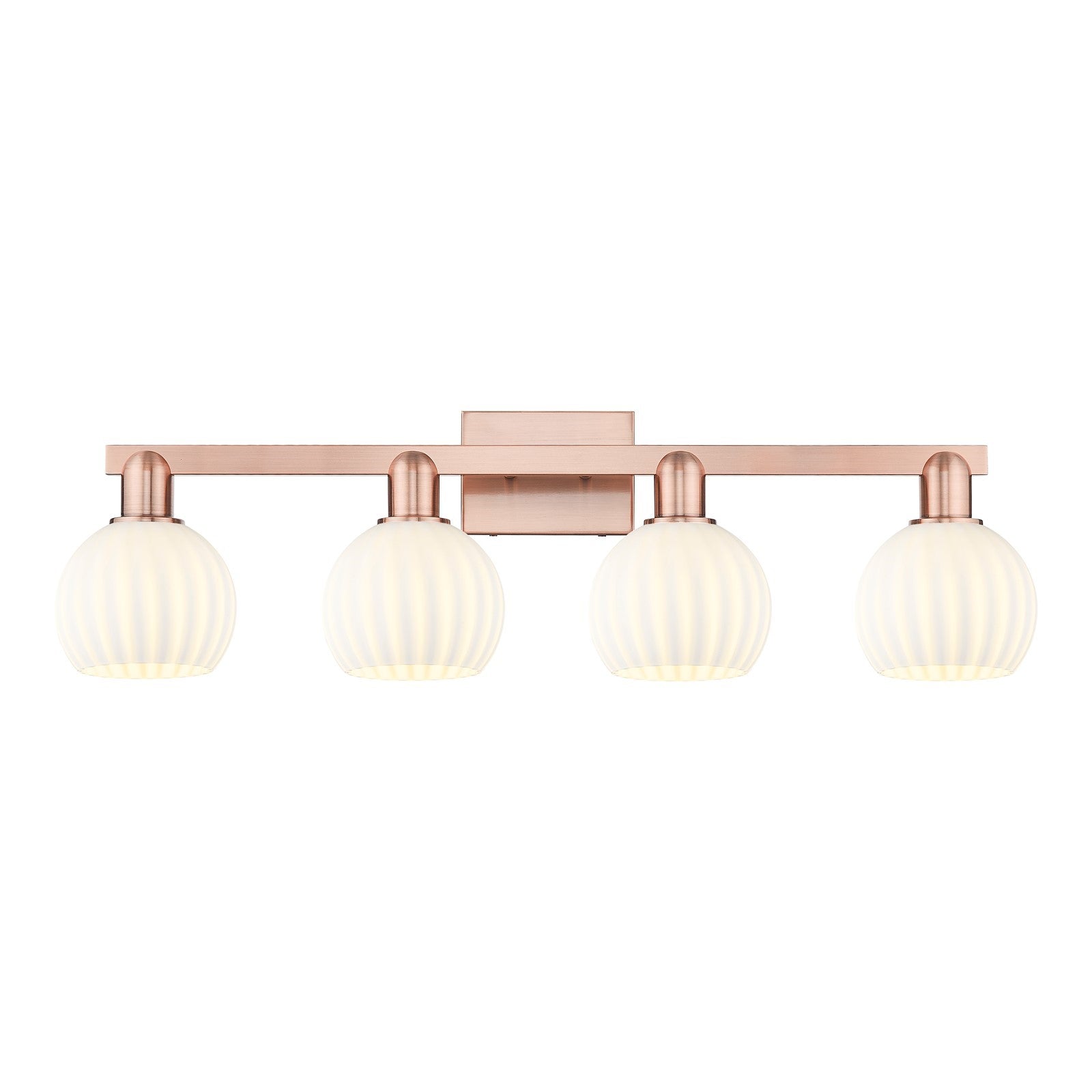Innovations White Venetian 33in 4-Light Bath Vanity Light | Industrial Antique Copper Steel and White Venetian Glass | Damp | Model 716-4W-AC-G1217-6WV