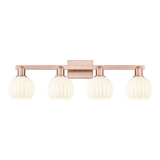 Innovations White Venetian 33in 4-Light Bath Vanity Light | Industrial Antique Copper Steel and White Venetian Glass | Damp | Model 716-4W-AC-G1217-6WV