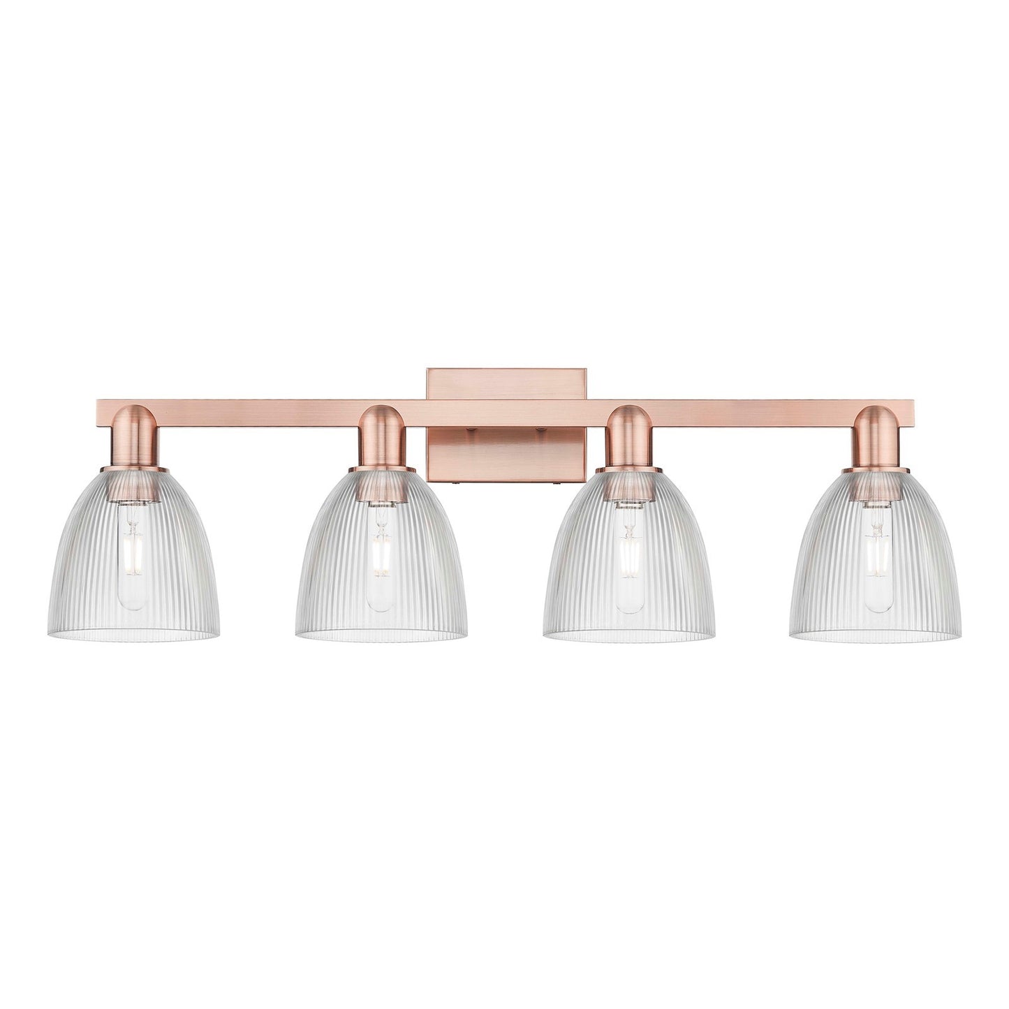 Innovations Castile 33in 4-Light Bath Vanity Light | Industrial Antique Copper and Clear Glass | Damp Rated Bathroom Vanity | Model 716-4W-AC-G382