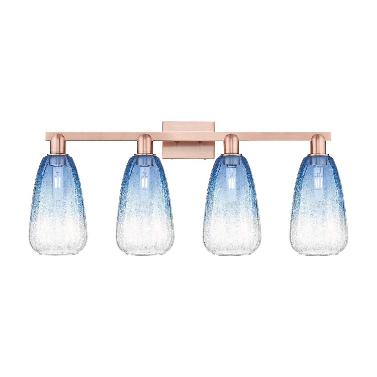 Innovations Brookhaven Almond 33in 4-Light Bath Vanity Light | Industrial Antique Copper and Sapphire Blue Glass | Damp Rated | Model 716-4W-AC-G480-6SB