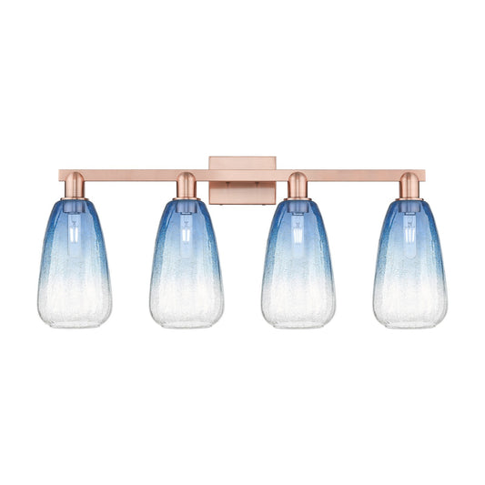Innovations Brookhaven Almond 33in 4-Light Bath Vanity Light | Industrial Antique Copper and Sapphire Blue Glass | Damp Rated | Model 716-4W-AC-G480-6SB