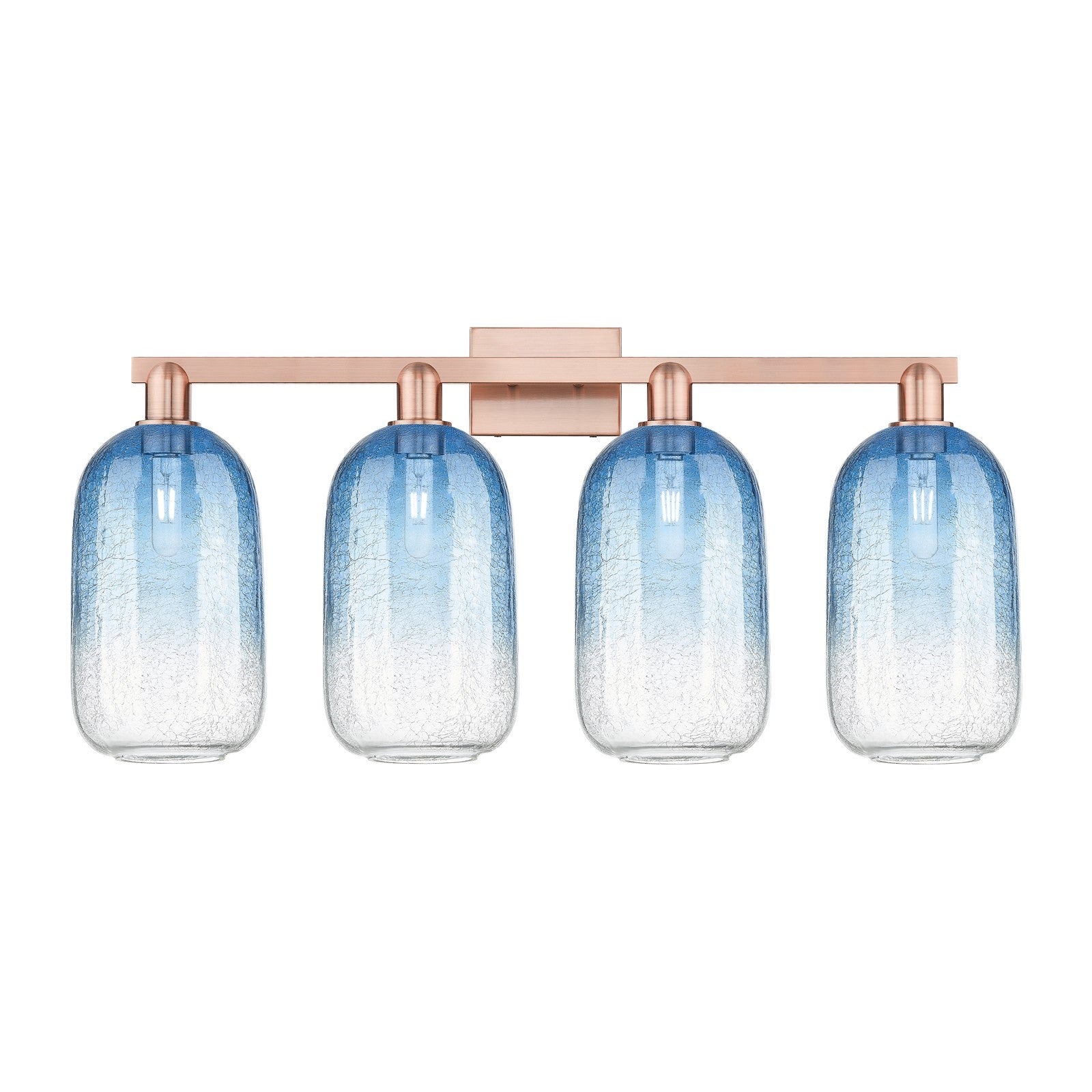 Innovations Brookhaven Cloche 34in 4-Light Bath Vanity Light | Industrial Antique Copper and Sapphire Blue Glass | Bathroom | Model 716-4W-AC-G482-7SB