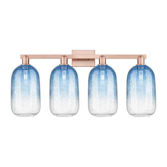 Innovations Brookhaven Cloche 34in 4-Light Bath Vanity Light | Industrial Antique Copper and Sapphire Blue Glass | Bathroom | Model 716-4W-AC-G482-7SB