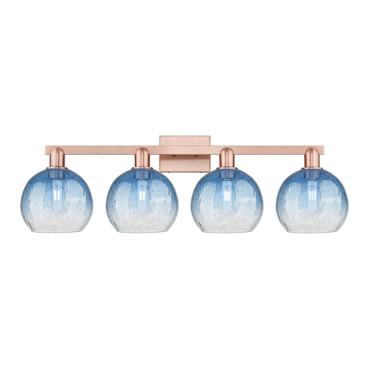 Innovations Brookhaven Globe 35in 4-Light Bath Vanity Light | Industrial Antique Copper and Sapphire Blue Glass | Bathroom | Model 716-4W-AC-G483-8SB