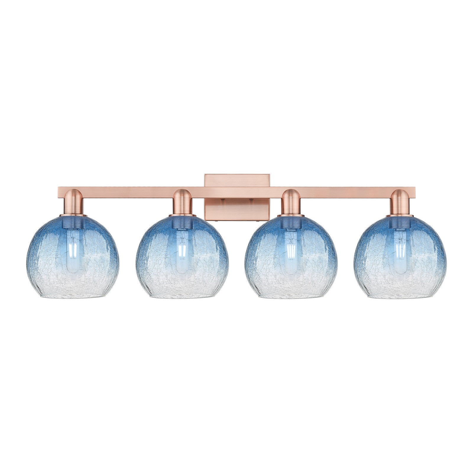 Innovations Brookhaven Globe 35in 4-Light Bath Vanity Light | Industrial Antique Copper and Sapphire Blue Glass | Bathroom | Model 716-4W-AC-G483-8SB