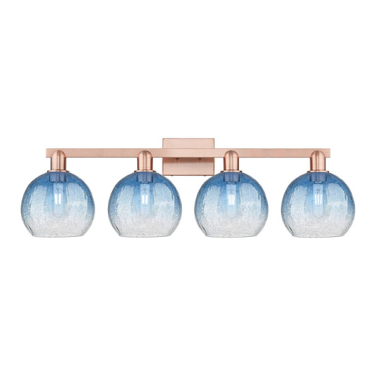 Innovations Brookhaven Globe 35in 4-Light Bath Vanity Light | Industrial Antique Copper and Sapphire Blue Glass | Bathroom | Model 716-4W-AC-G483-8SB