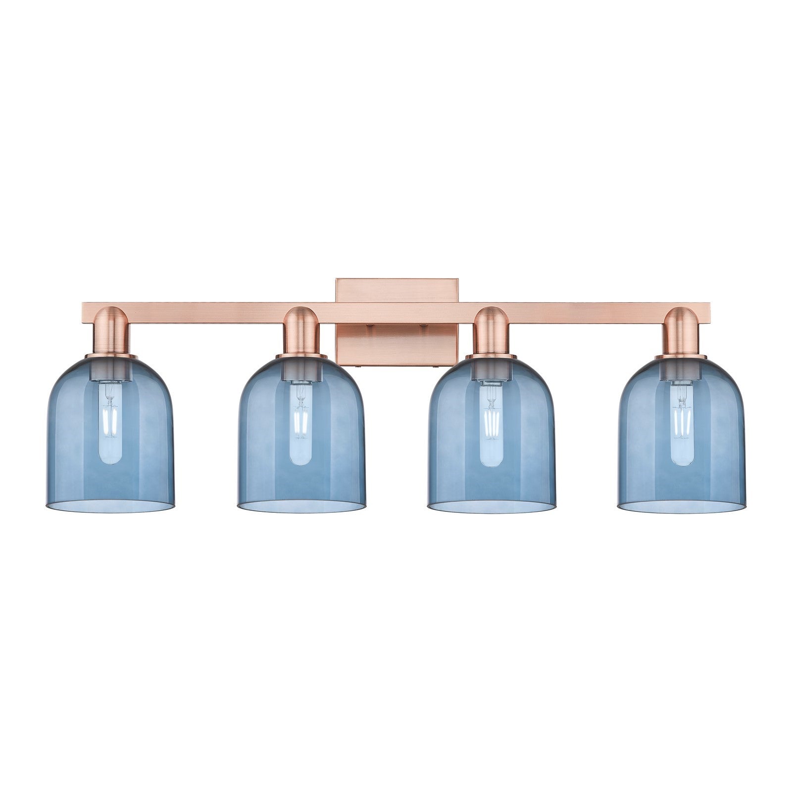 Innovations Bella 33in 4-Light Bath Vanity Light | Industrial Antique Copper Steel and Blue Glass | Bathroom Vanity | Model 716-4W-AC-G558-6BL