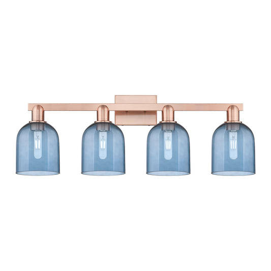 Innovations Bella 33in 4-Light Bath Vanity Light | Industrial Antique Copper Steel and Blue Glass | Bathroom Vanity | Model 716-4W-AC-G558-6BL