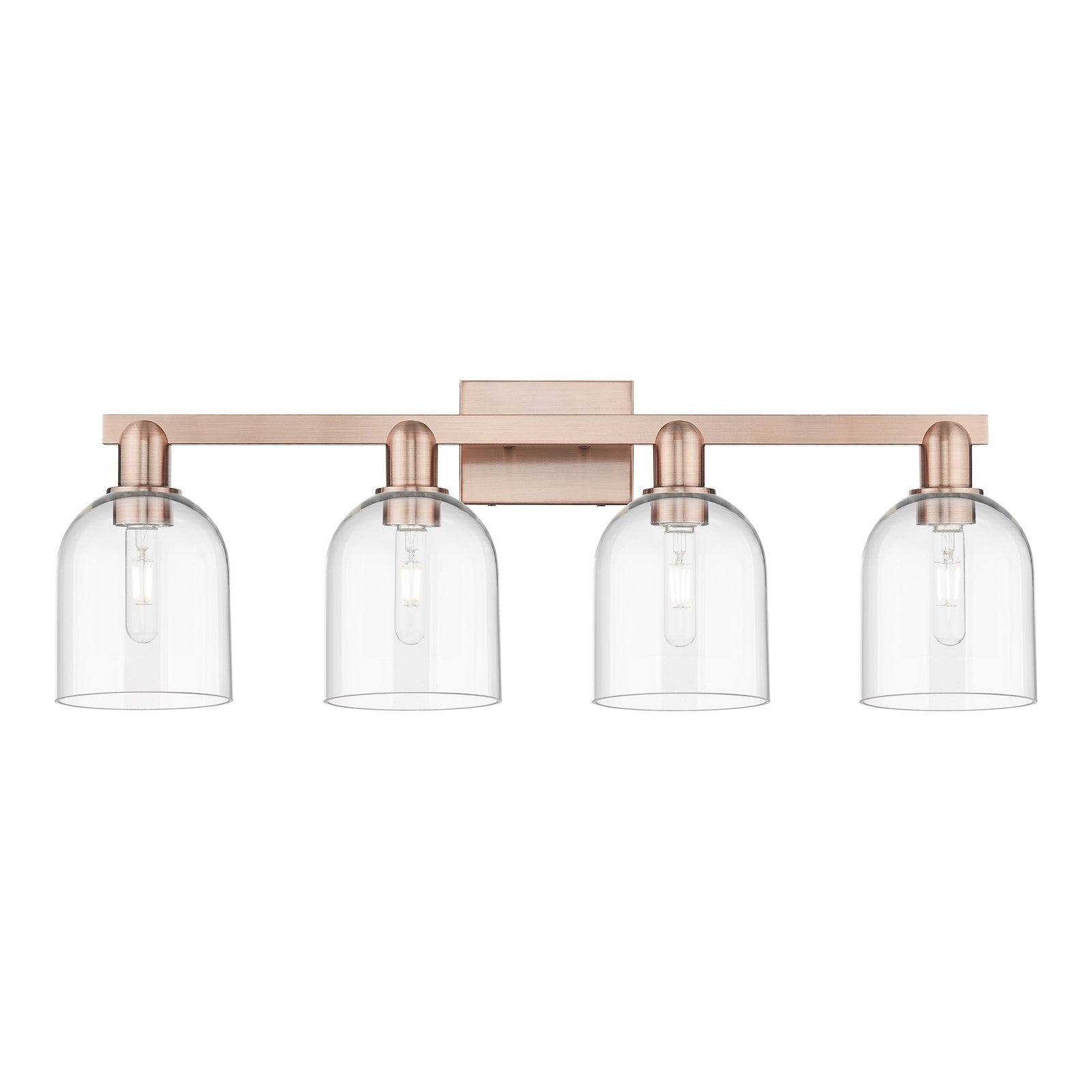Innovations Bella 33in 4-Light Bath Vanity Light | Industrial Antique Copper and Clear Glass | Bathroom Vanity | Model 716-4W-AC-G558-6CL