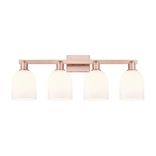 Innovations Bella 33in 4-Light Bath Vanity | Industrial Antique Copper Steel and White Glass | Bathroom Vanity Light | Model 716-4W-AC-G558-6GWH