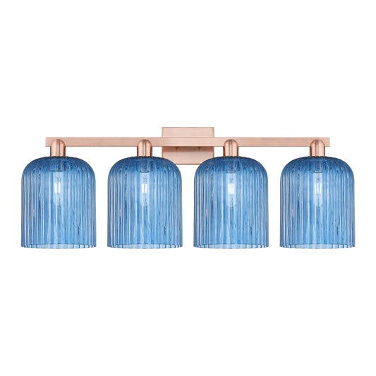 Innovations Bridal Veil 35in 4-Light Bath Vanity Light | Industrial Antique Copper and Princess Blue Ribbed Glass | Bathroom | Model 716-4W-AC-G559-8BL