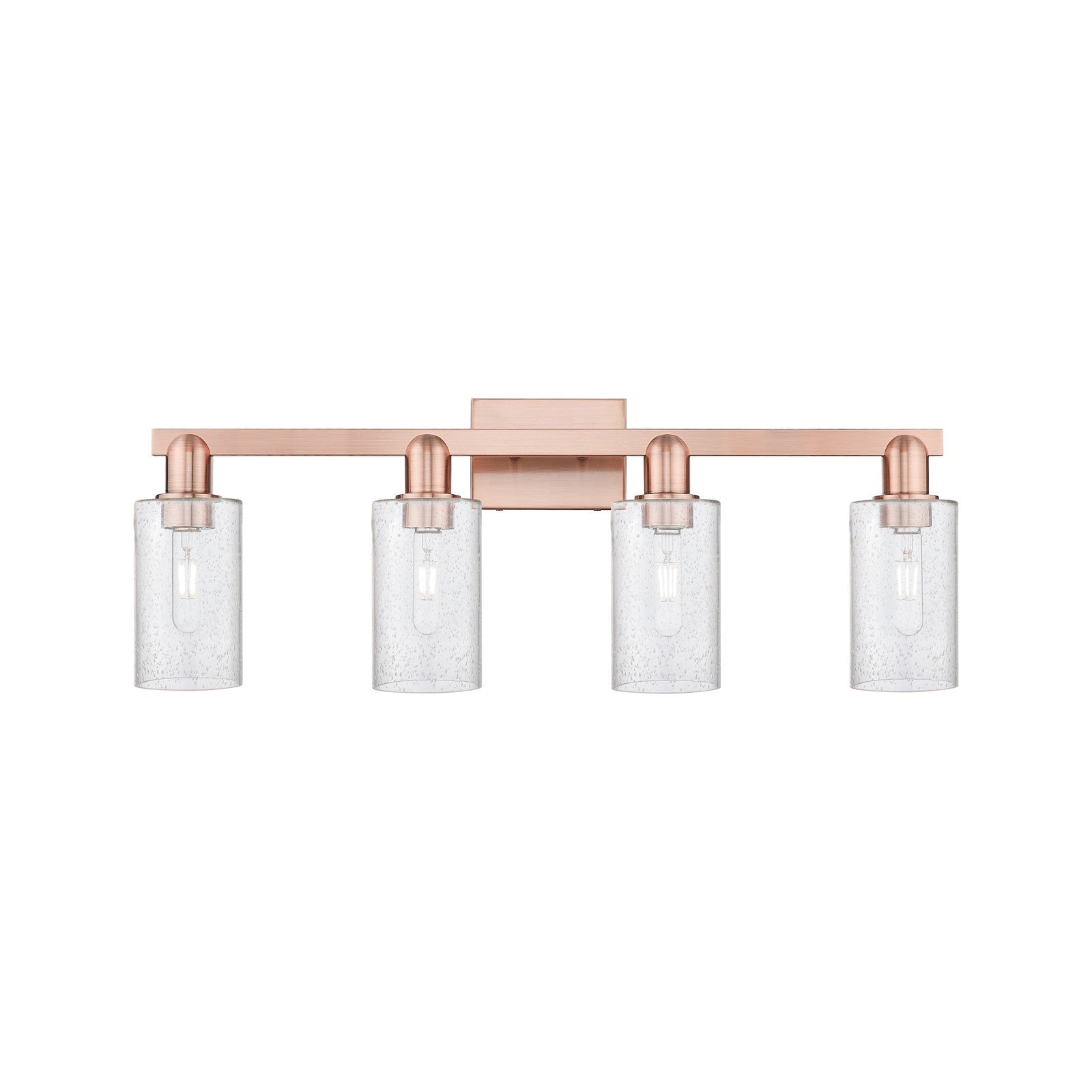 Innovations Clymer 31in 4-Light Bath Vanity Light | Industrial Antique Copper Steel and Seedy Glass | Bathroom Vanity | Model 716-4W-AC-G804