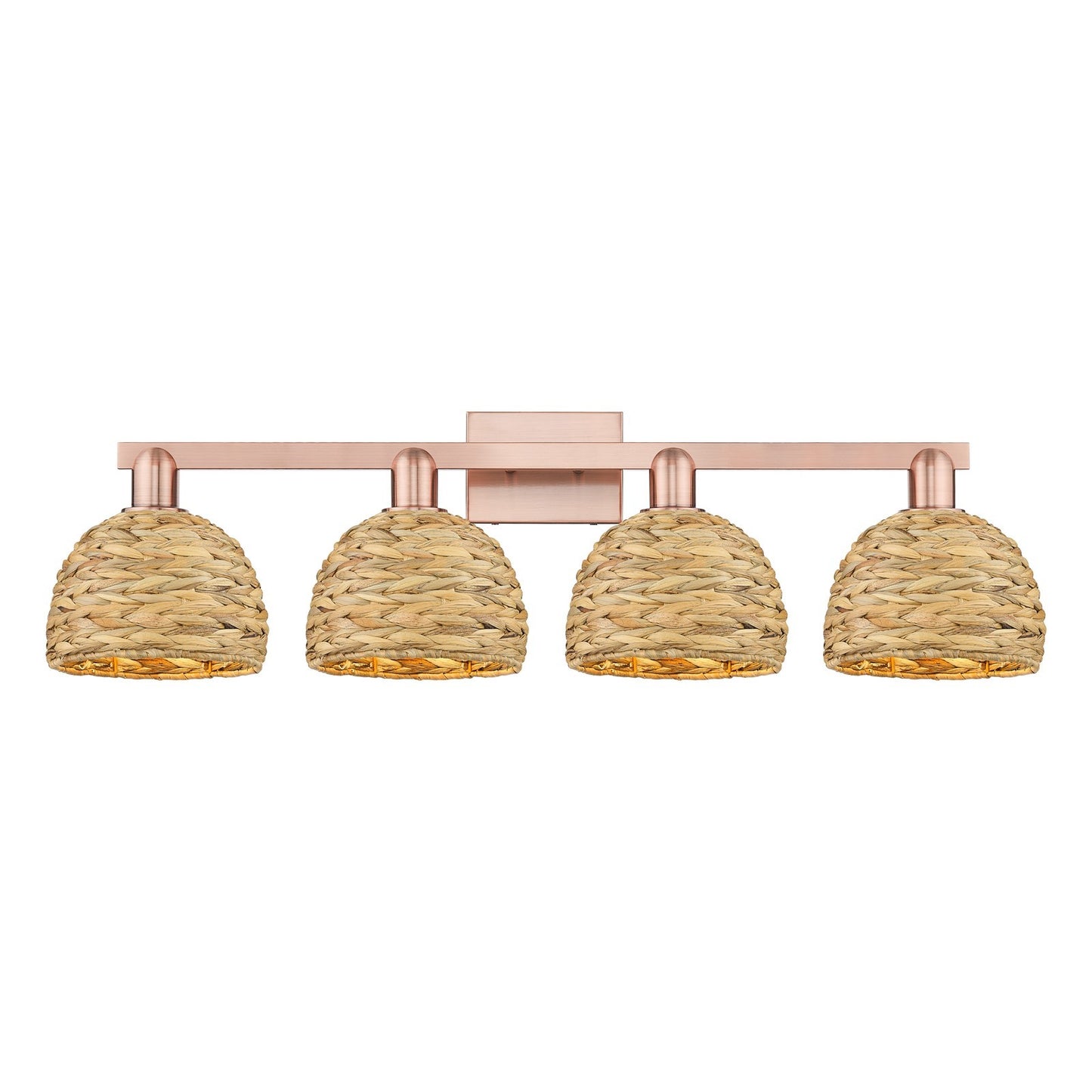 Innovations Woven Rattan 35in 4-Light Bath Vanity Light | Industrial Antique Copper Steel and Natural Fiber Shade | Bathroom | Model 716-4W-AC-RBD-8-NAT