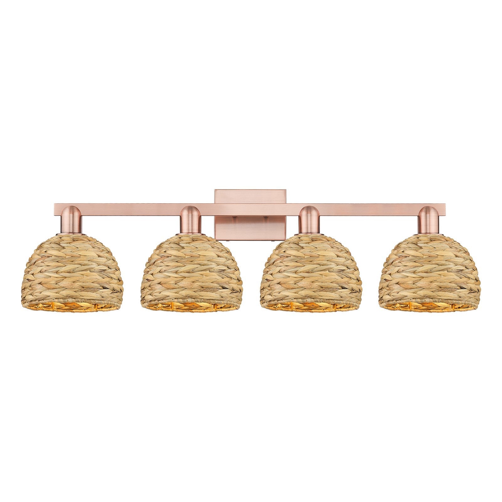 Innovations Woven Rattan 35in 4-Light Bath Vanity Light | Industrial Antique Copper Steel and Natural Fiber Shade | Bathroom | Model 716-4W-AC-RBD-8-NAT