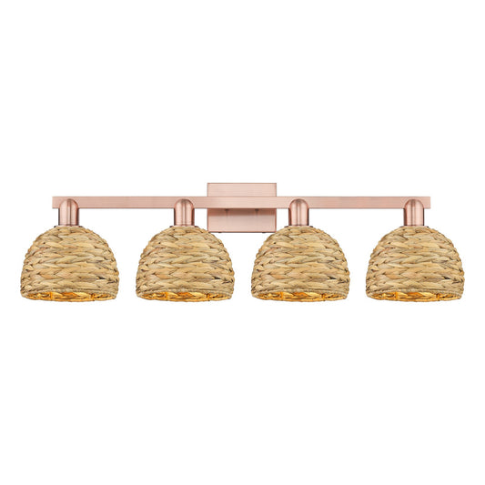 Innovations Woven Rattan 35in 4-Light Bath Vanity Light | Industrial Antique Copper Steel and Natural Fiber Shade | Bathroom | Model 716-4W-AC-RBD-8-NAT