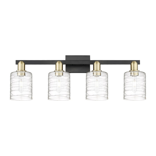 Innovations Cobbleskill 32in 4-Light Bath Vanity Light | Industrial Black Antique Brass and Deco Swirl Glass | Bathroom Vanity | Model 716-4W-BAB-G1113