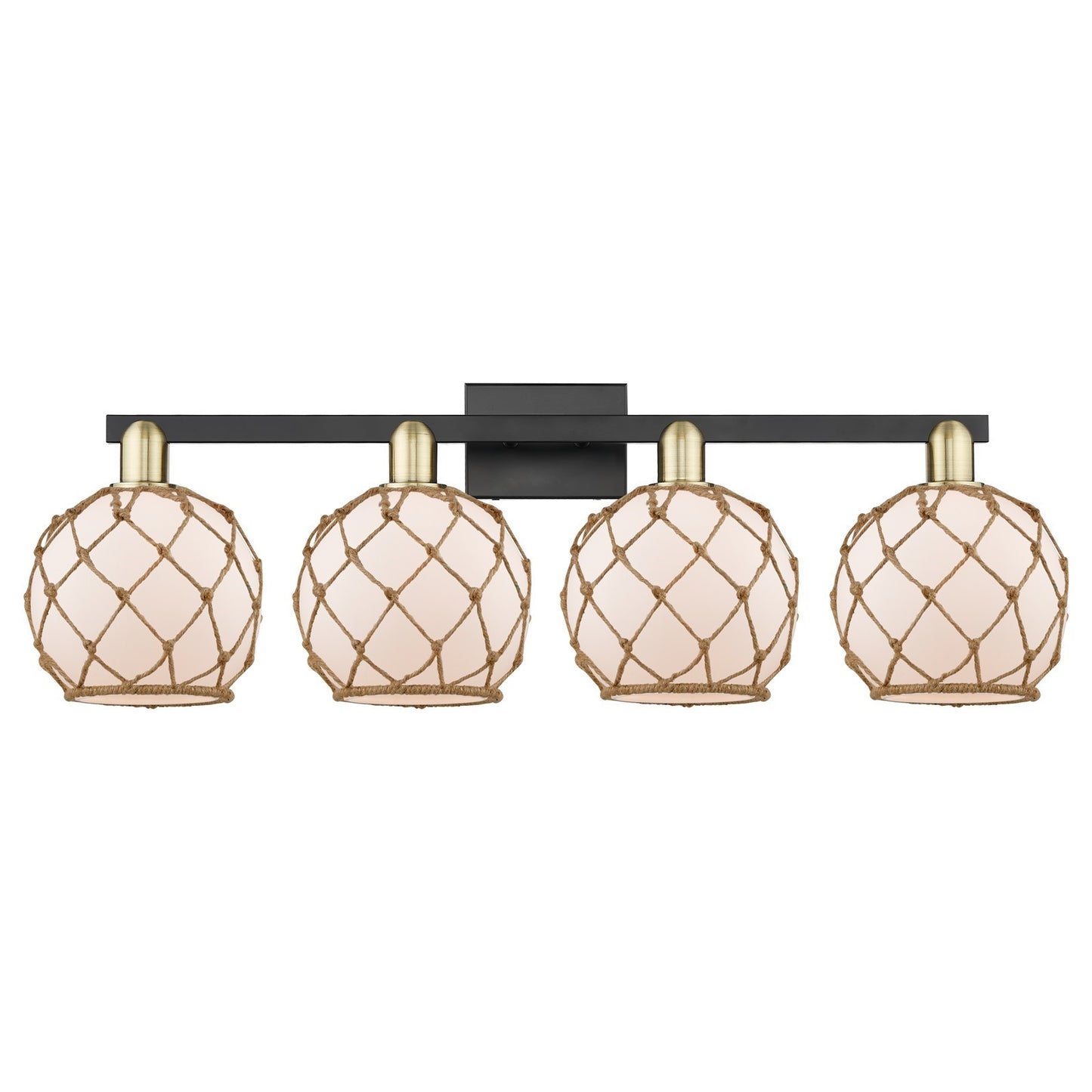 Innovations Farmhouse Rope 35in 4-Light Bath Vanity Light | Industrial Black Antique Brass and White Frosted Glass with Brown | Model 716-4W-BAB-G121-8RB
