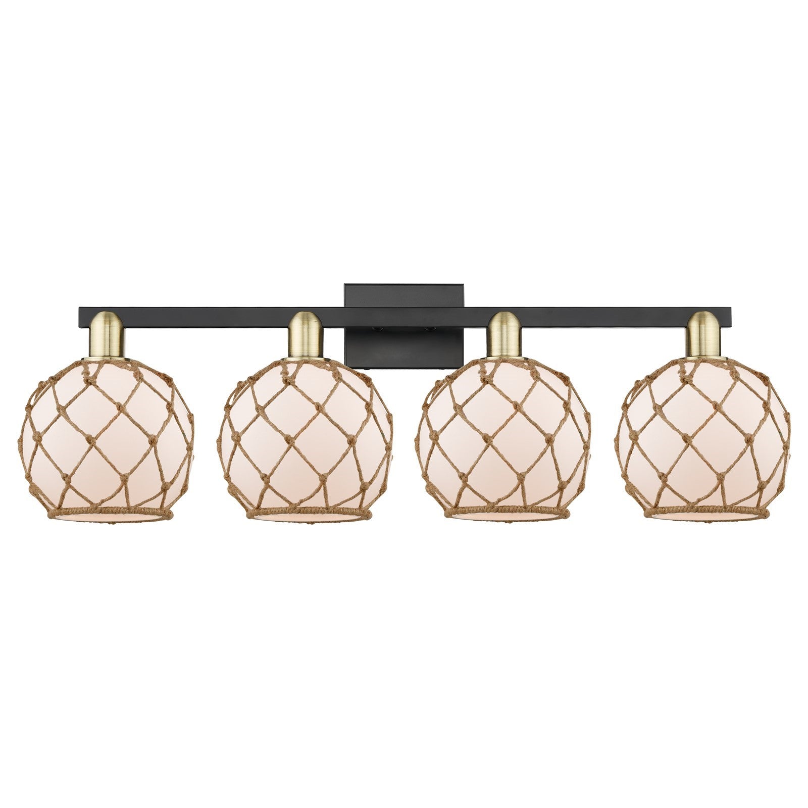 Innovations Farmhouse Rope 35in 4-Light Bath Vanity Light | Industrial Black Antique Brass and White Frosted Glass with Brown | Model 716-4W-BAB-G121-8RB