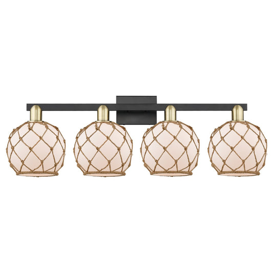Innovations Farmhouse Rope 35in 4-Light Bath Vanity Light | Industrial Black Antique Brass and White Frosted Glass with Brown | Model 716-4W-BAB-G121-8RB